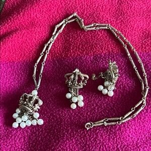 Sterling Silver Crown Pearl Pendant Necklace and Earrings Set